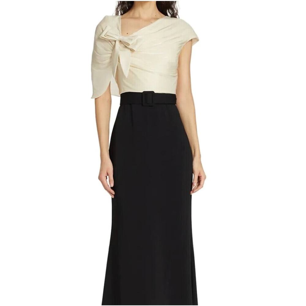 Badgley Mischka Two Tone Bow Gown Belted Formal Maxi Black White Dress Wedding